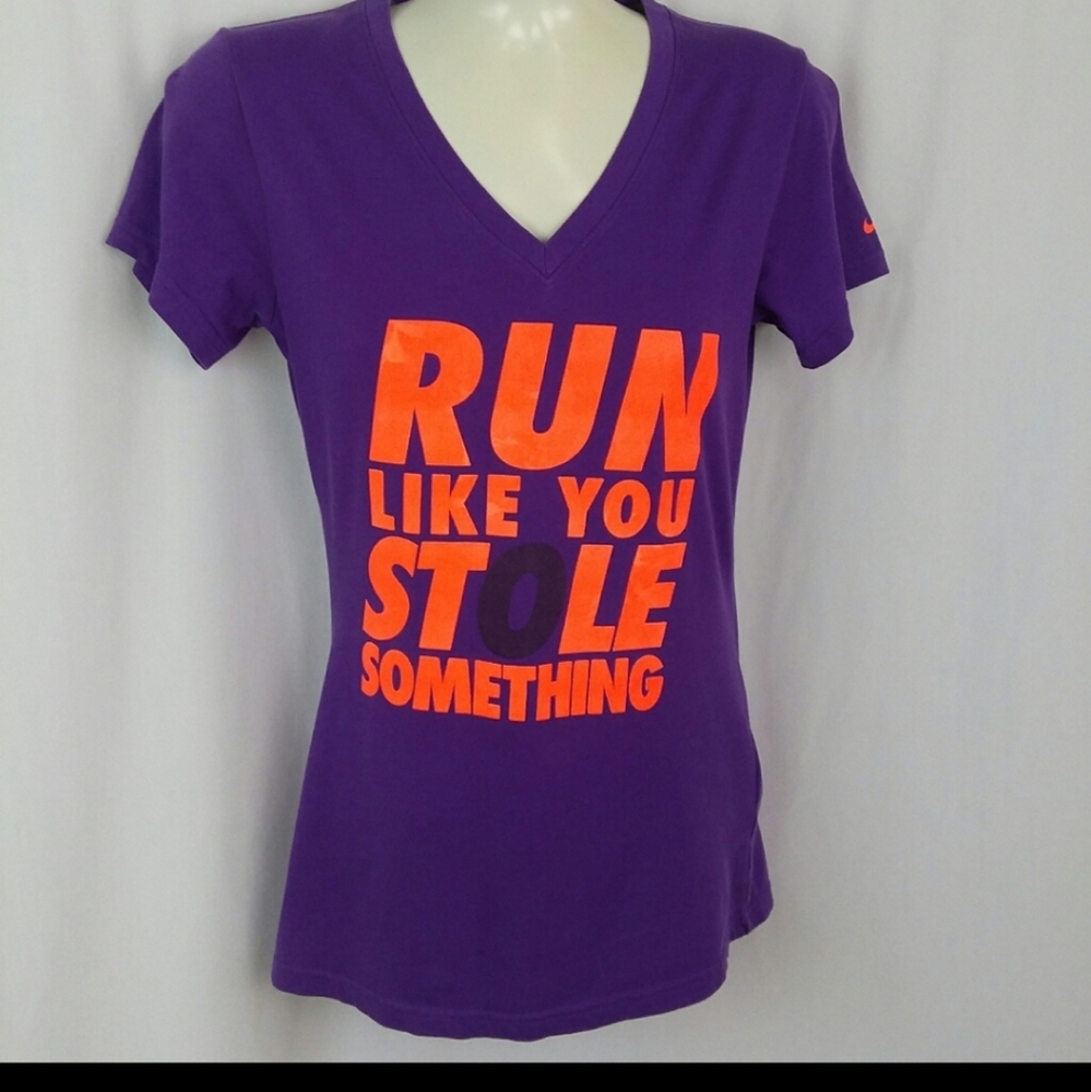 Nike Dri-Fit V Neck T-Shirt, Slim Fit, Small, Purple/Orange